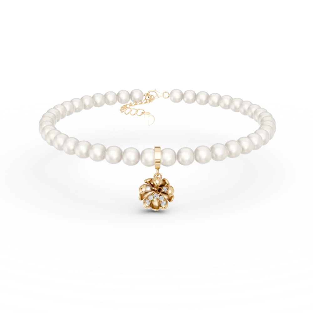 Bratara cu pandantiv floare de tei din aur galben cu diamante de 0.08ct si perle de cultura