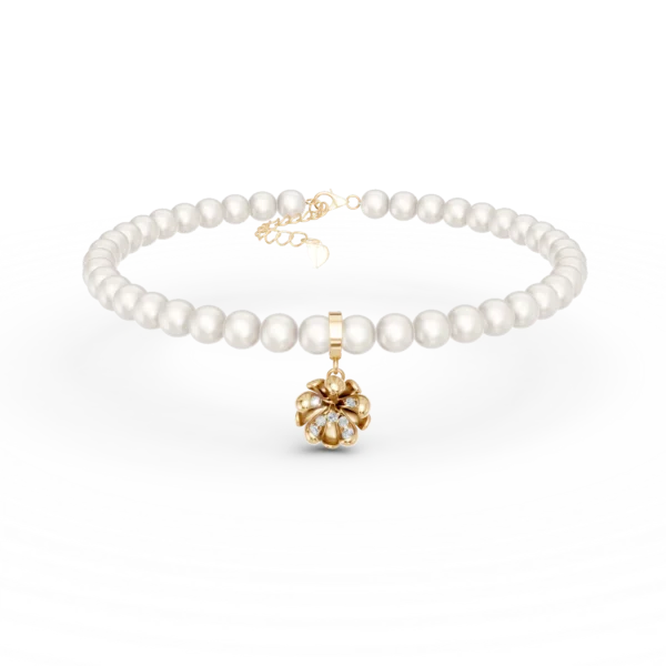 Bratara cu pandantiv floare de tei din aur galben cu diamante de 0.08ct si perle de cultura