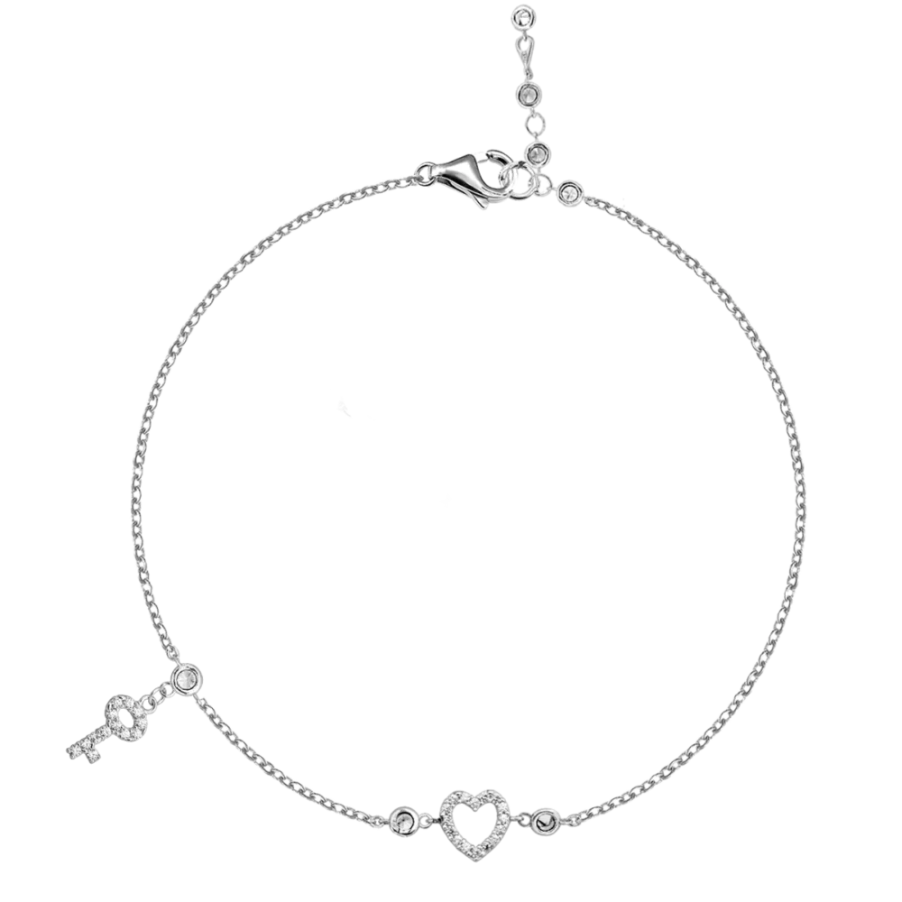 Bratara din aur alb cu pandantiv inima si charm cheita