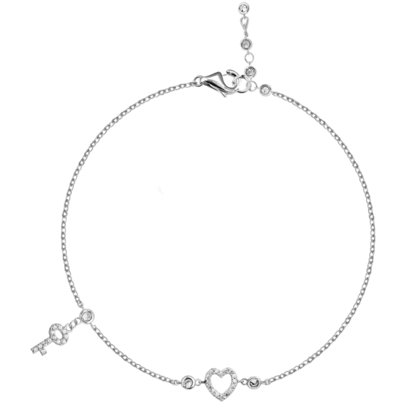 Bratara cu pandantiv inima si cheie din aur alb si zirconii