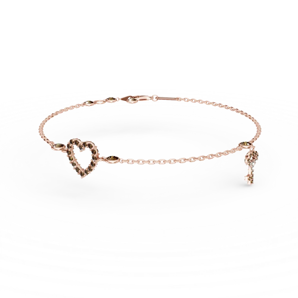 Bratara cu pandantiv inima si cheie din aur roz si zirconii maro