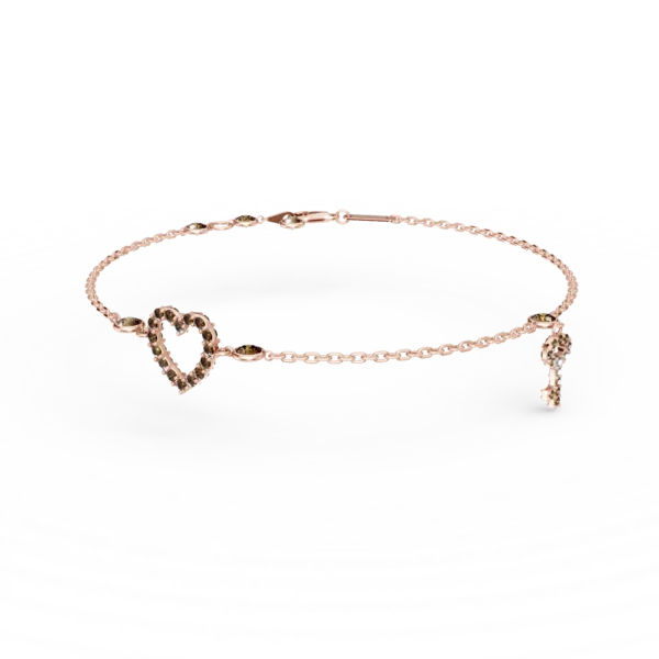 Bratara cu pandantiv inima si cheie din aur roz si zirconii maro