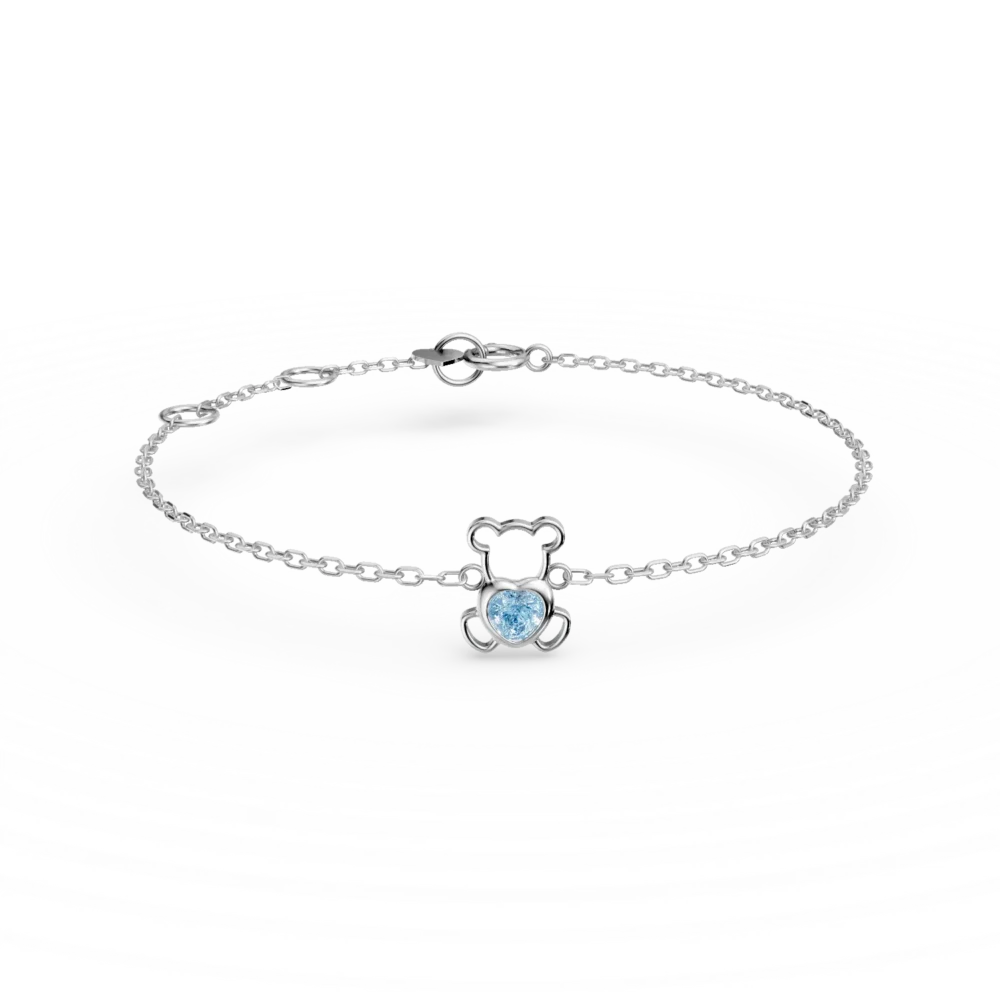 Bratara cu pandantiv ursulet din aur alb cu topaz albastru heart de 0.1ct pentru copii