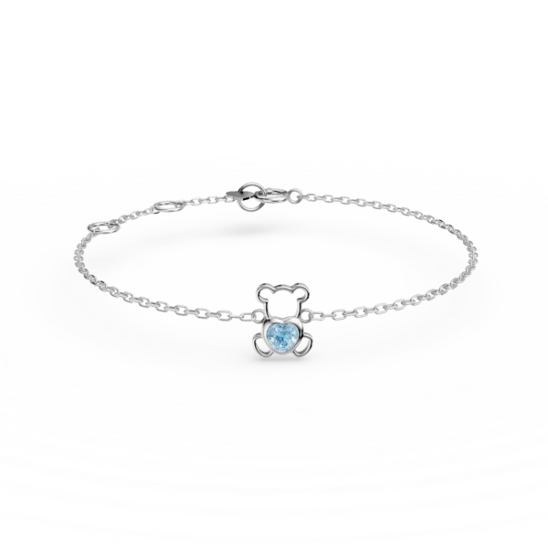 Bratara cu pandantiv ursulet din aur alb cu topaz albastru heart de 0.1ct pentru copii