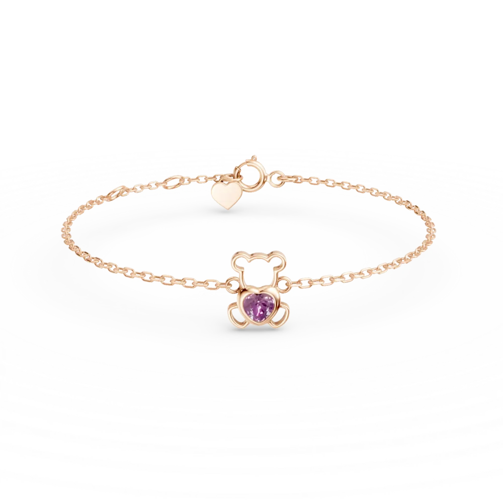 Bratara cu pandantiv ursulet din aur roz cu safir roz heart de 0.1ct pentru copii
