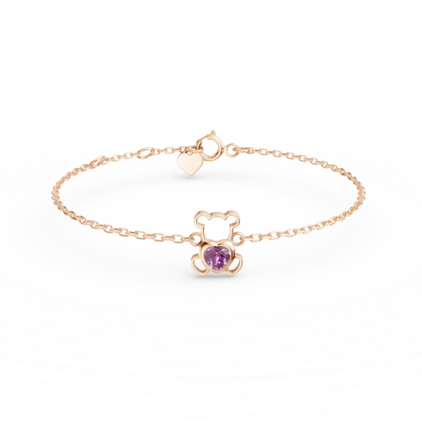 Bratara cu pandantiv ursulet din aur roz cu safir roz heart de 0.1ct pentru copii