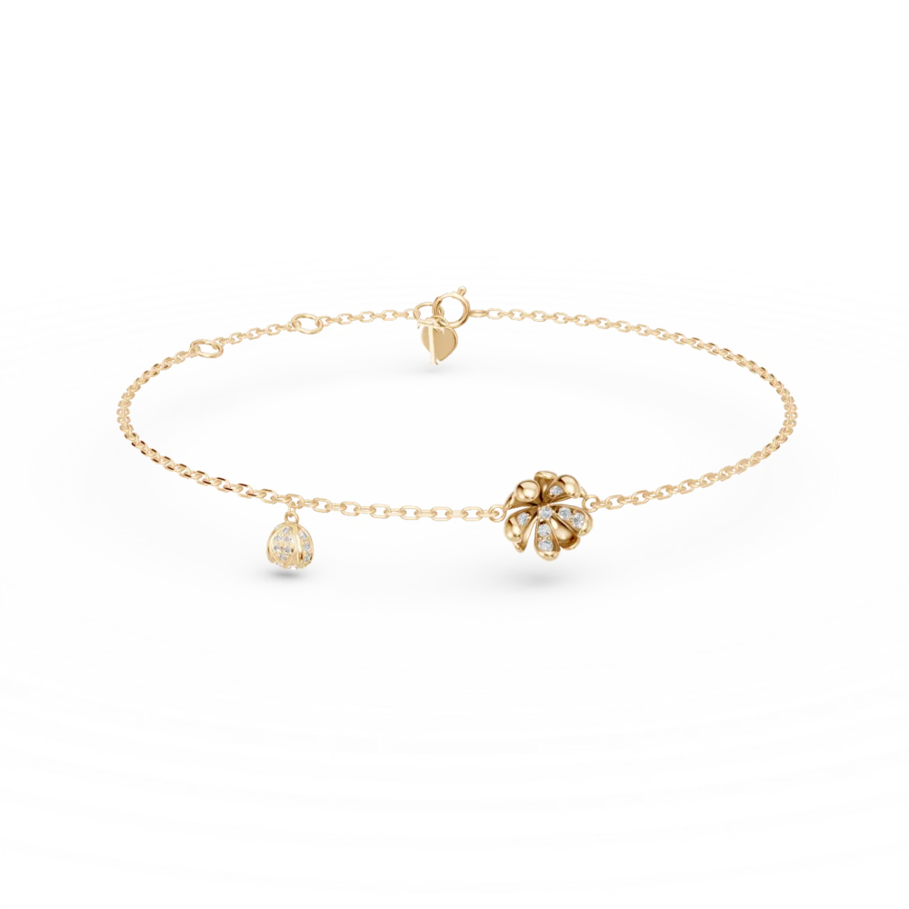 Bratara cu pandantive flori de tei din aur galben cu diamante de 0.1ct