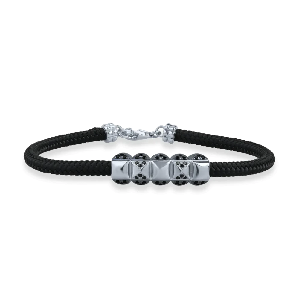 Bratara cu snur negru si detalii din argint pentru barbati