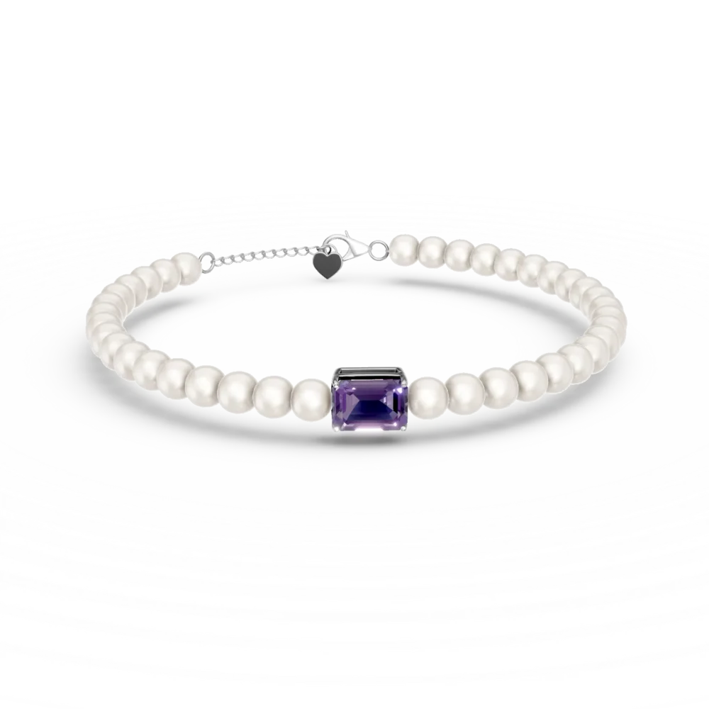 Bratara din aur alb cu ametist octogonal de 1.1ct si perle de cultura