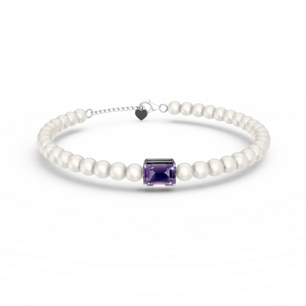 Bratara din aur alb cu ametist octogonal de 1.1ct si perle de cultura