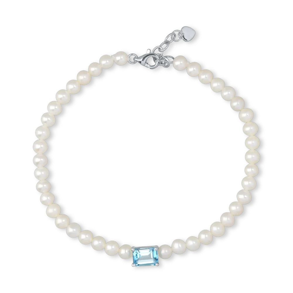 Bratara din aur alb cu perle de cultura de 22.8ct si topaz albastru octogonal de 1.2ct