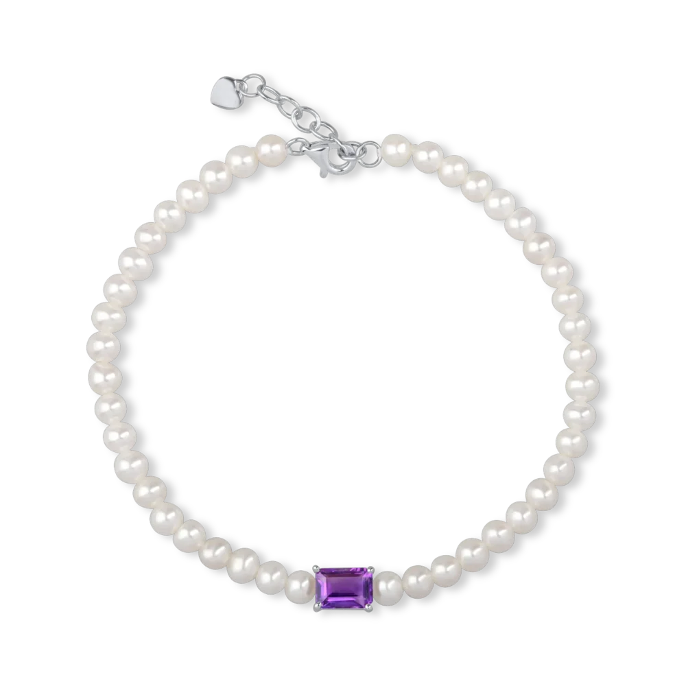 Bratara din aur alb cu perle de cultura de 23.04ct si ametist octogonal de 0.9ct