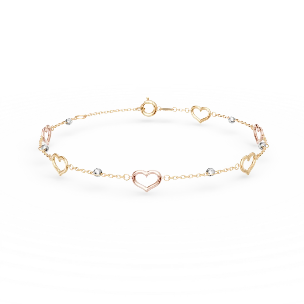 Bratara din aur alb-roz-galben cu bilute si inimioare