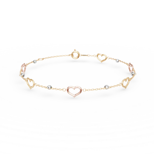 Bratara din aur alb-roz-galben cu bilute si inimioare