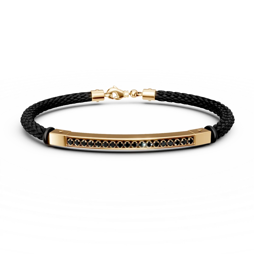 Bratara din aur galben si piele cu zirconii negre pentru barbati