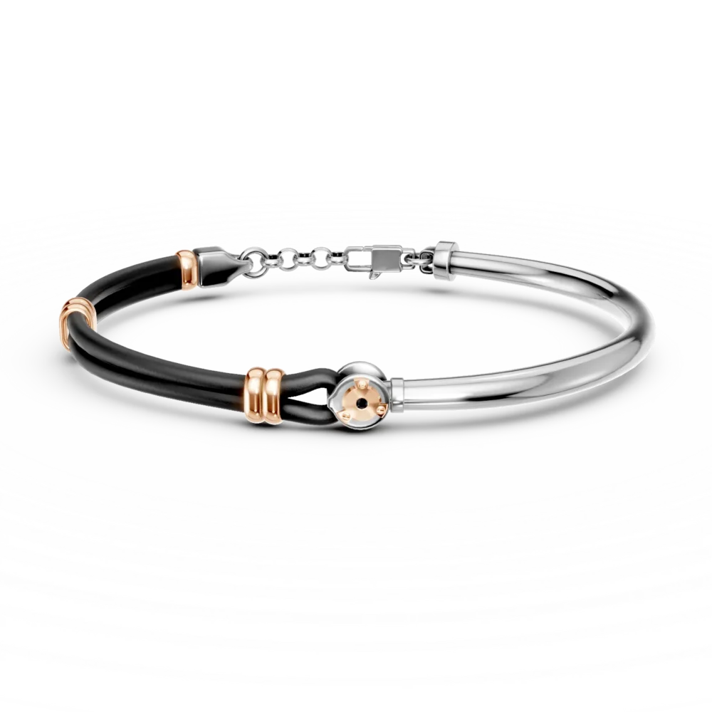Bratara din otel alb-roz si piele cu diamant negru de 0.002ct pentru barbati