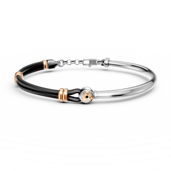 Bratara din otel alb-roz si piele cu diamant negru de 0.002ct pentru barbati