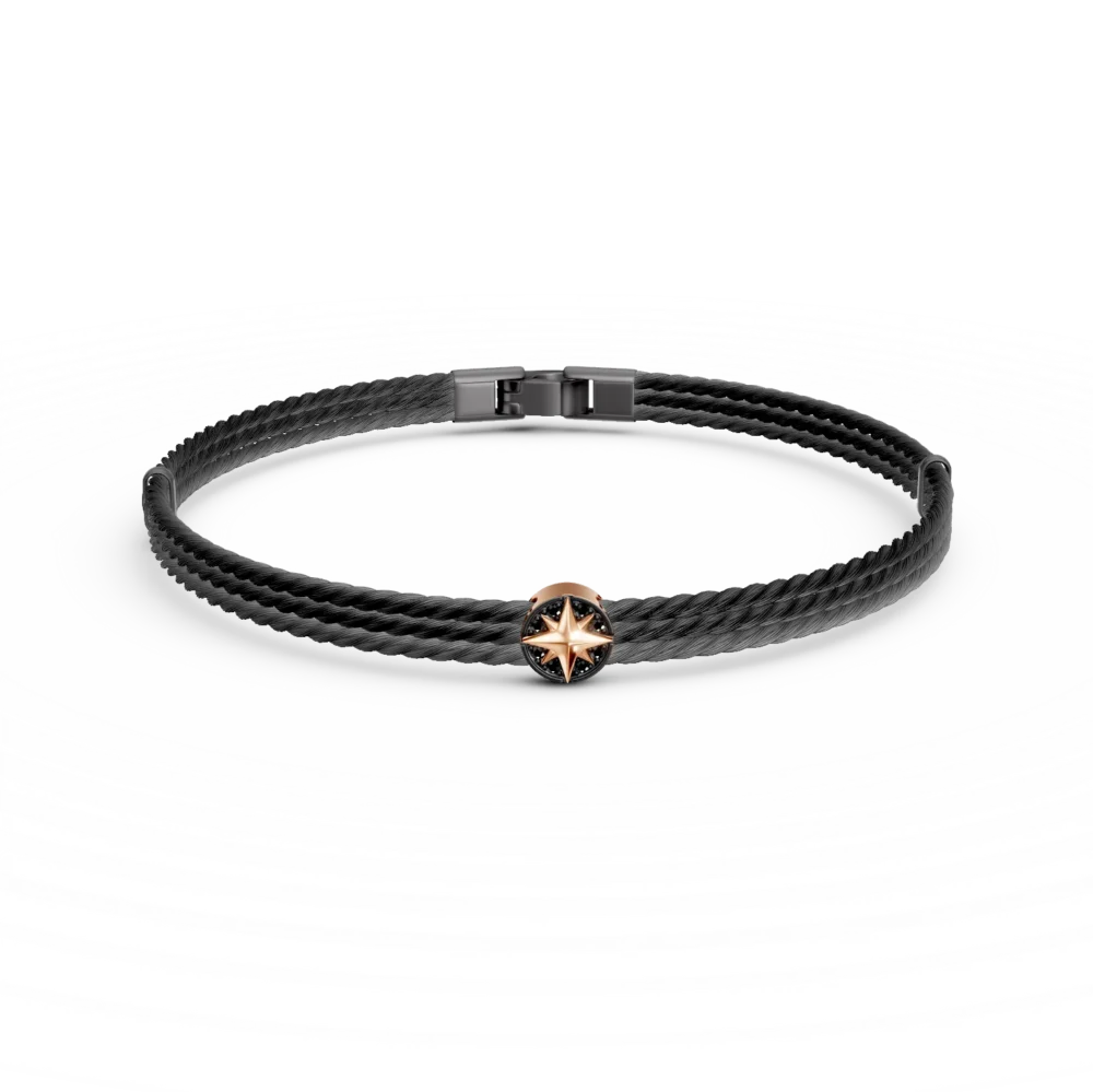 Bratara din otel si aur roz cu diamante negre de 0.08ct pentru barbati