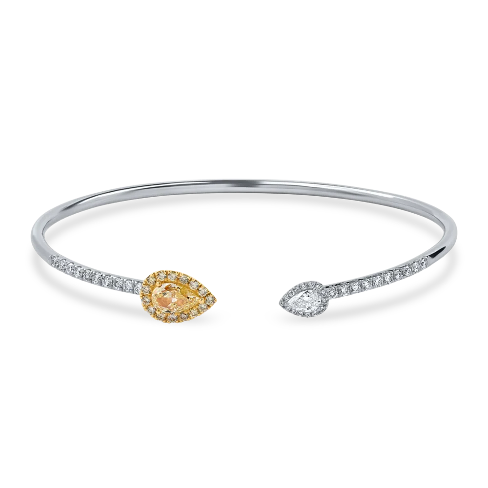 Bratara fixa deschisa din aur alb cu diamante fancy galbene pear si incolore de 1.2ct