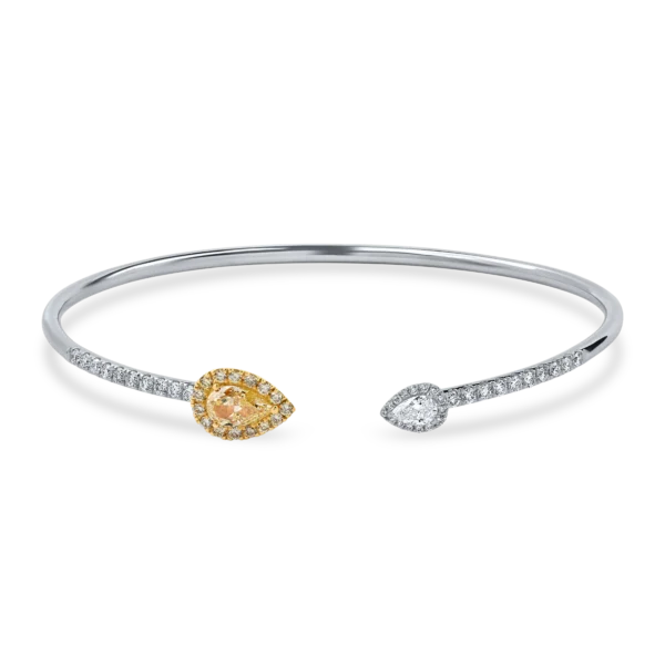 Bratara fixa deschisa din aur alb cu diamante fancy galbene pear si incolore de 1.2ct
