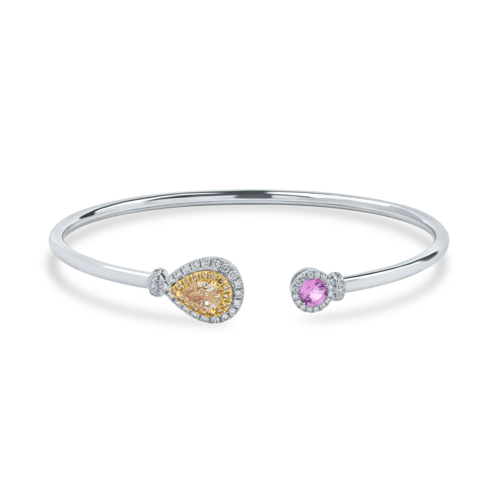 Bratara fixa deschisa din aur alb cu diamante fancy galbene pear si safir roz de 1.3ct