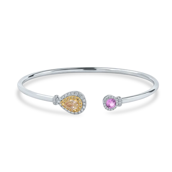 Bratara fixa deschisa din aur alb cu diamante fancy galbene pear si safir roz de 1.3ct