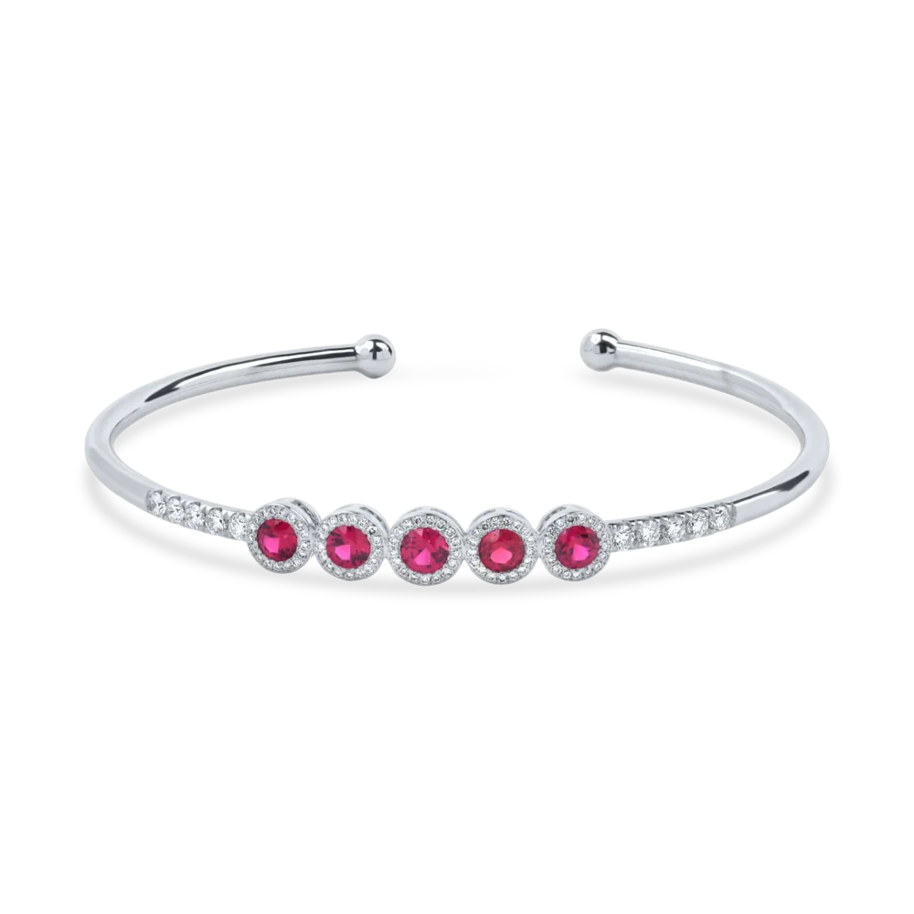 Bratara fixa deschisa din aur alb cu rubine si diamante de 1.8ct