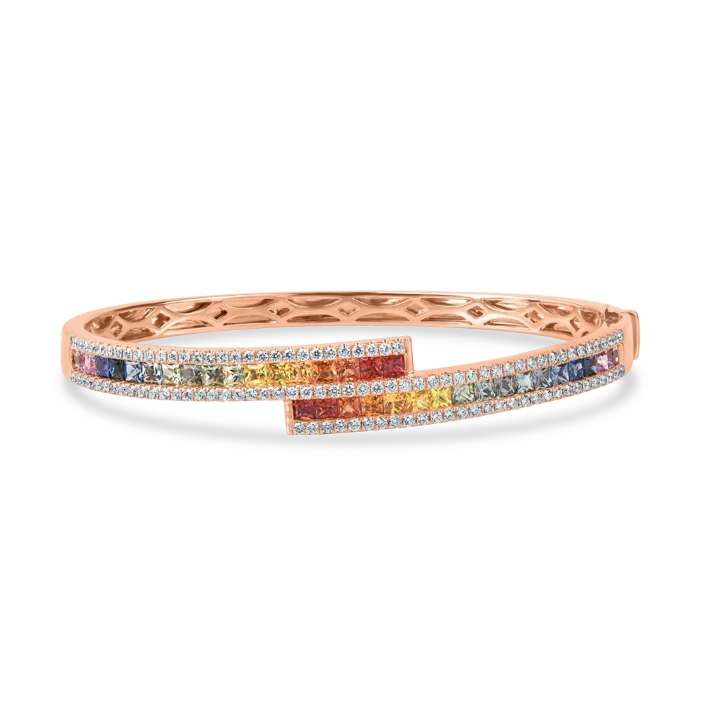 Bratara fixa din aur roz cu safire multicolore si diamante de 3.8ct