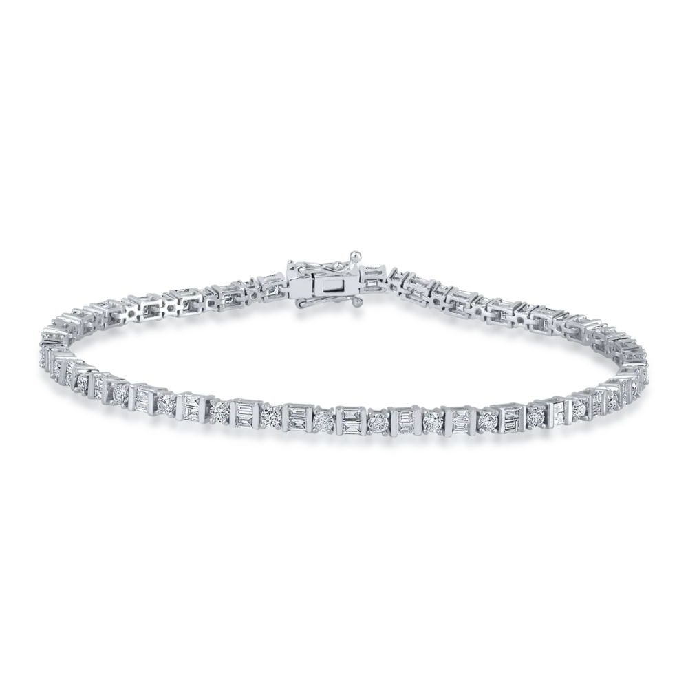 Bratara tennis din aur alb cu diamante baguette si rotunde de 2.99ct