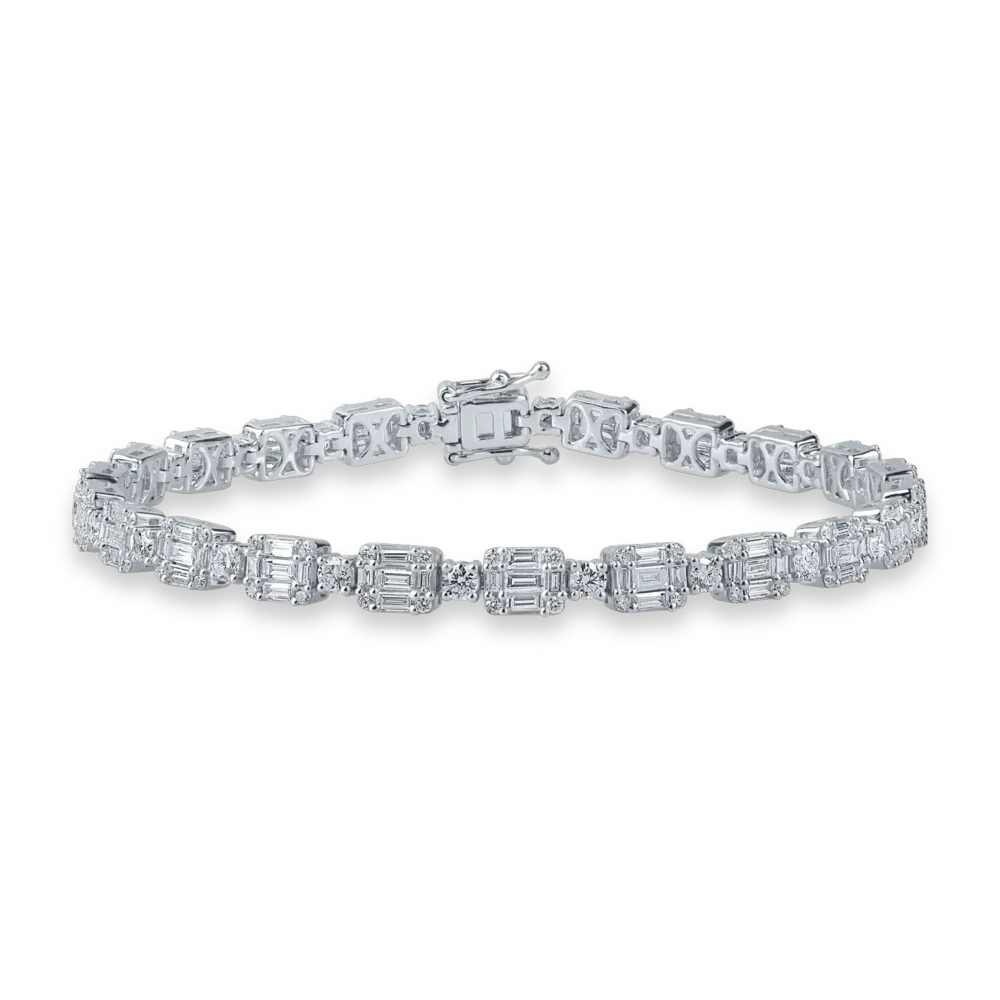 Bratara tennis din aur alb cu diamante baguette si rotunde de 3.7ct