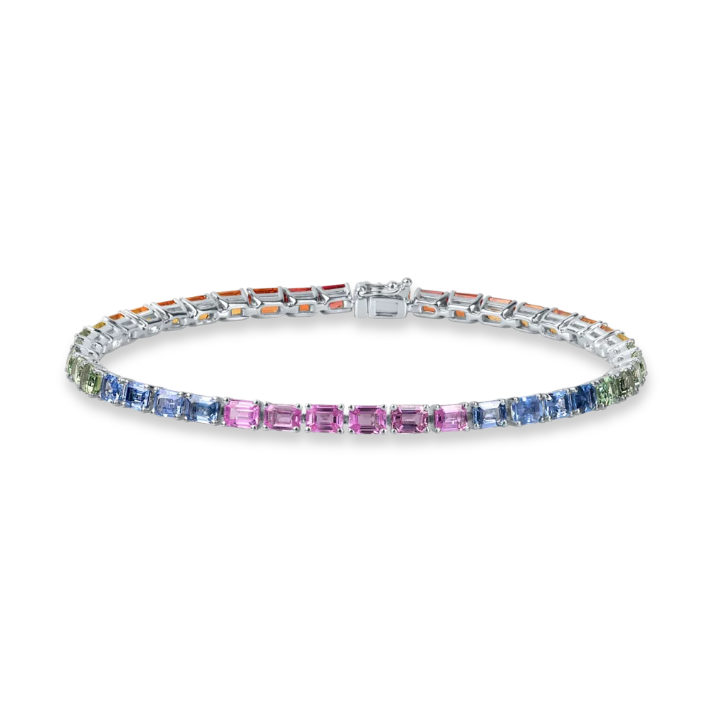 Bratara tennis din aur alb cu safire multicolore rectangulare de 10.9ct