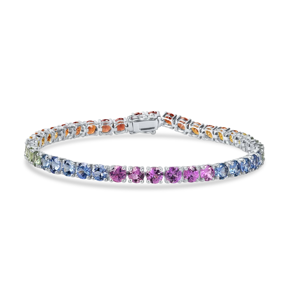 Bratara tennis din aur alb cu safire multicolore de 12.3ct