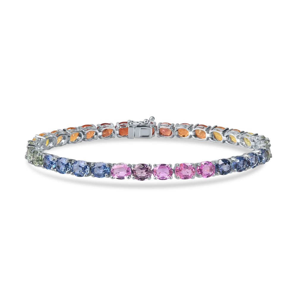 Bratara tennis din aur alb cu safire multicolore ovale de 15.16ct