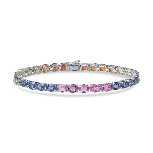 Bratara tennis din aur alb cu safire multicolore ovale de 15.16ct