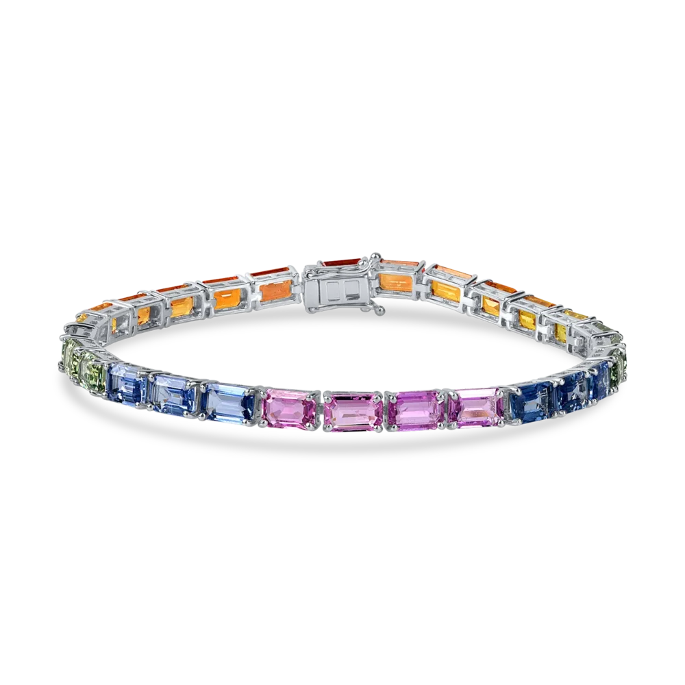 Bratara tennis din aur alb cu safire multicolore rectangulare de 18.3ct