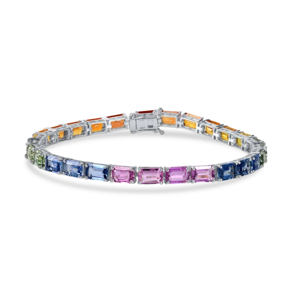 Bratara tennis din aur alb cu safire multicolore rectangulare de 18.3ct