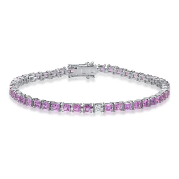Bratara tennis din aur alb cu safire roz princess de 8.85ct si diamant princess de 0.17ct