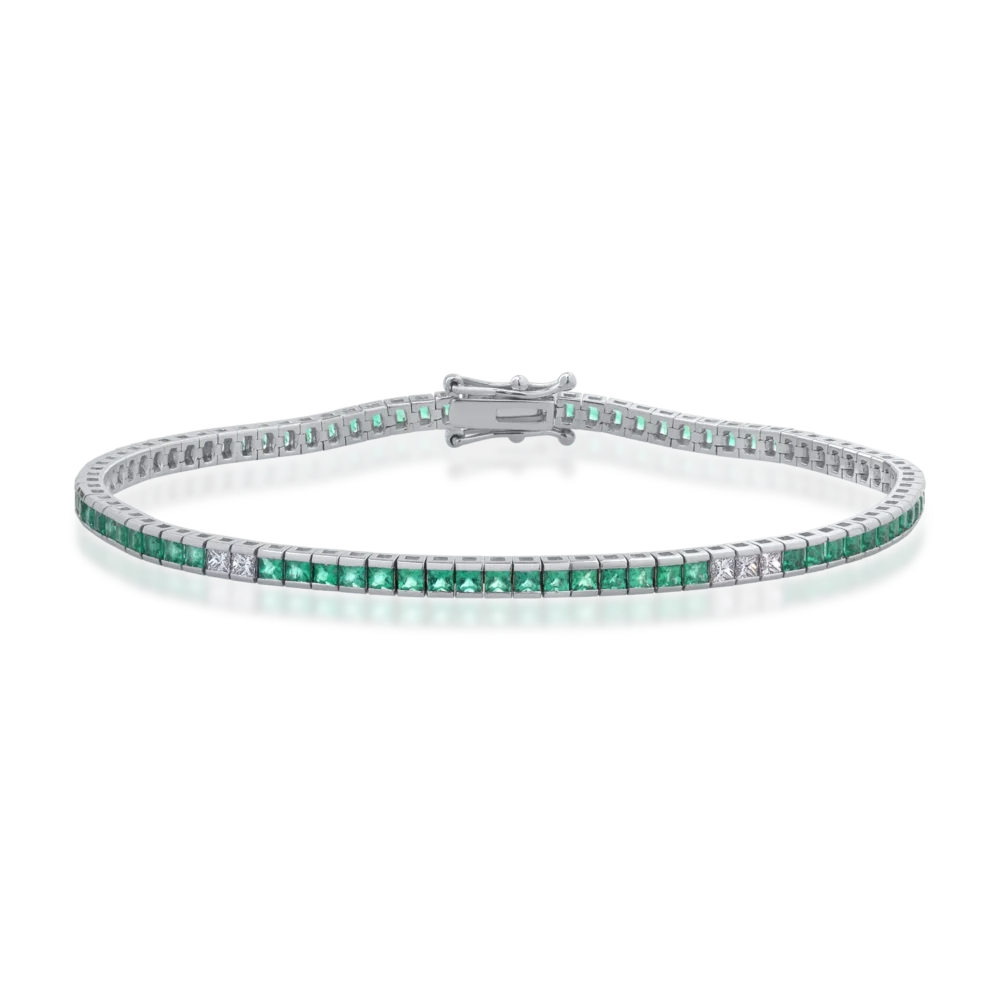 Bratara tennis din aur alb cu diamante princess de 0.28ct si smaralde princess de 2.3ct