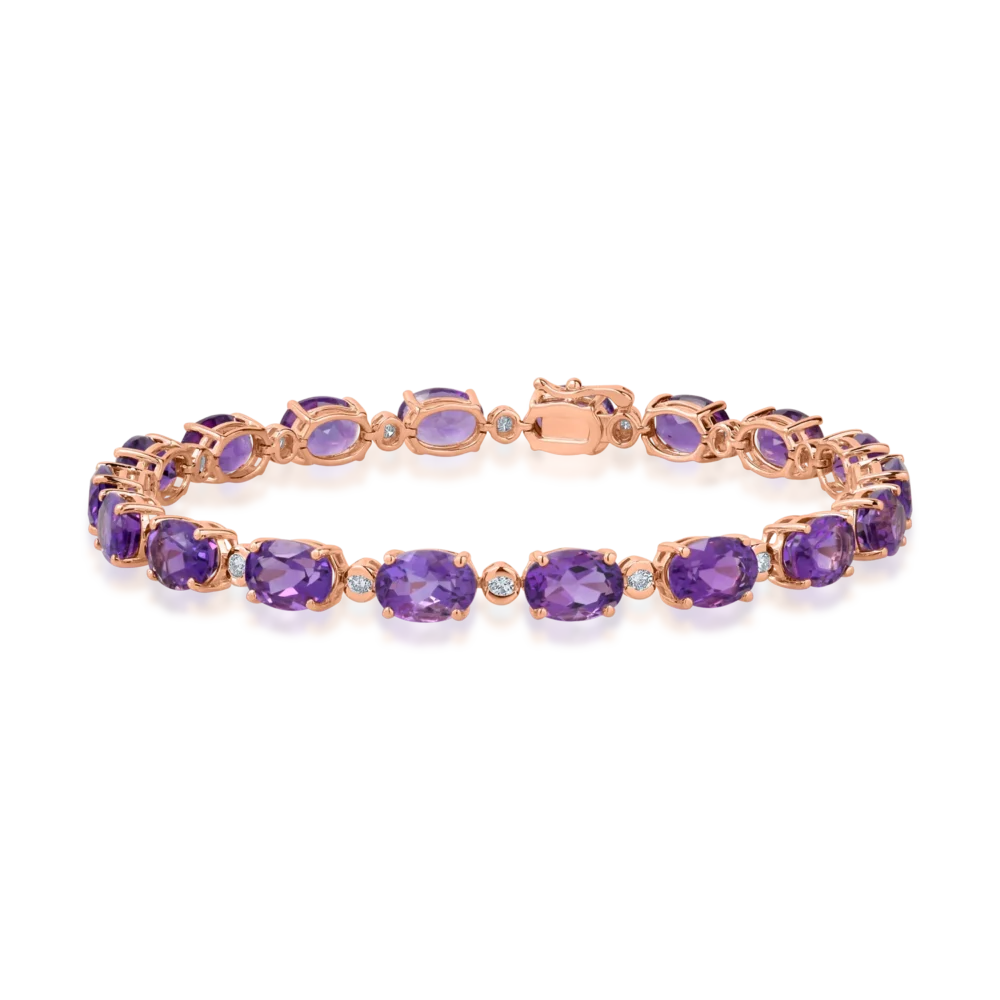 Bratara tennis din aur roz cu ametiste ovale de 14.2ct si diamante de 0.4ct
