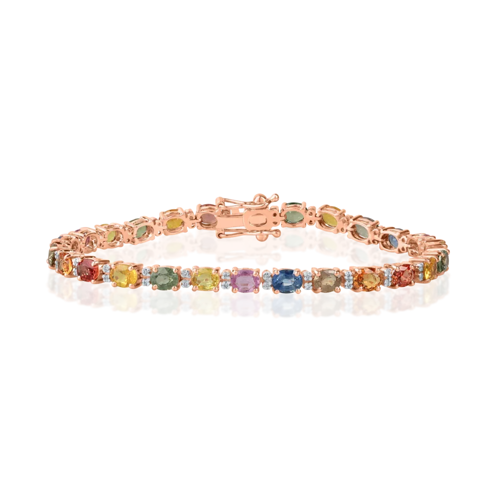 Bratara tennis din aur roz cu safire multicolore ovale de 8.3ct si diamante de 0.2ct