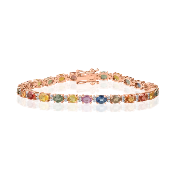 Bratara tennis din aur roz cu safire multicolore ovale de 8.3ct si diamante de 0.2ct