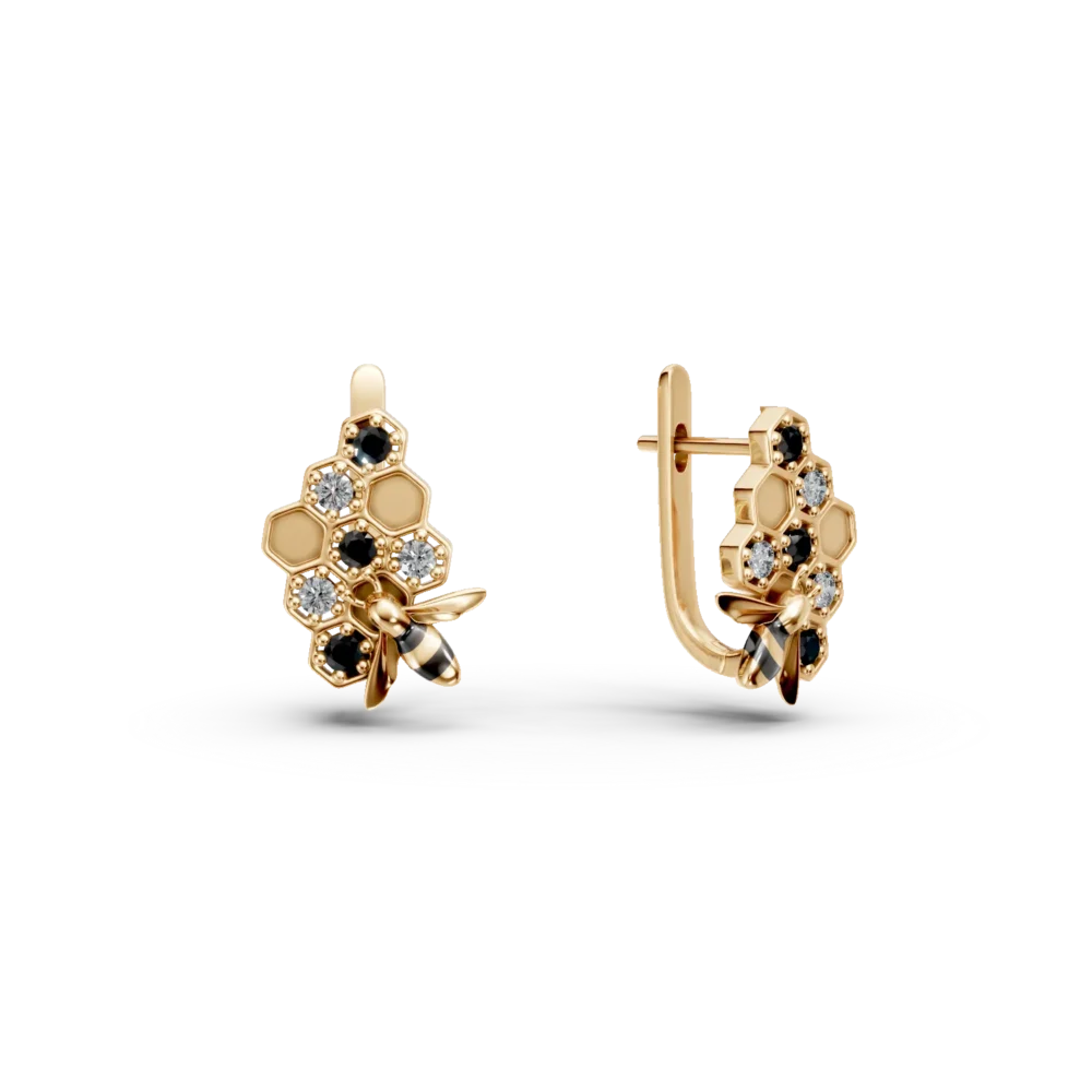 Cercei albina din aur galben cu diamante negre si incolore de 0.1ct