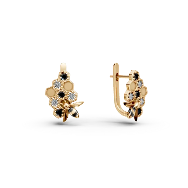 Cercei albina din aur galben cu diamante negre si incolore de 0.1ct