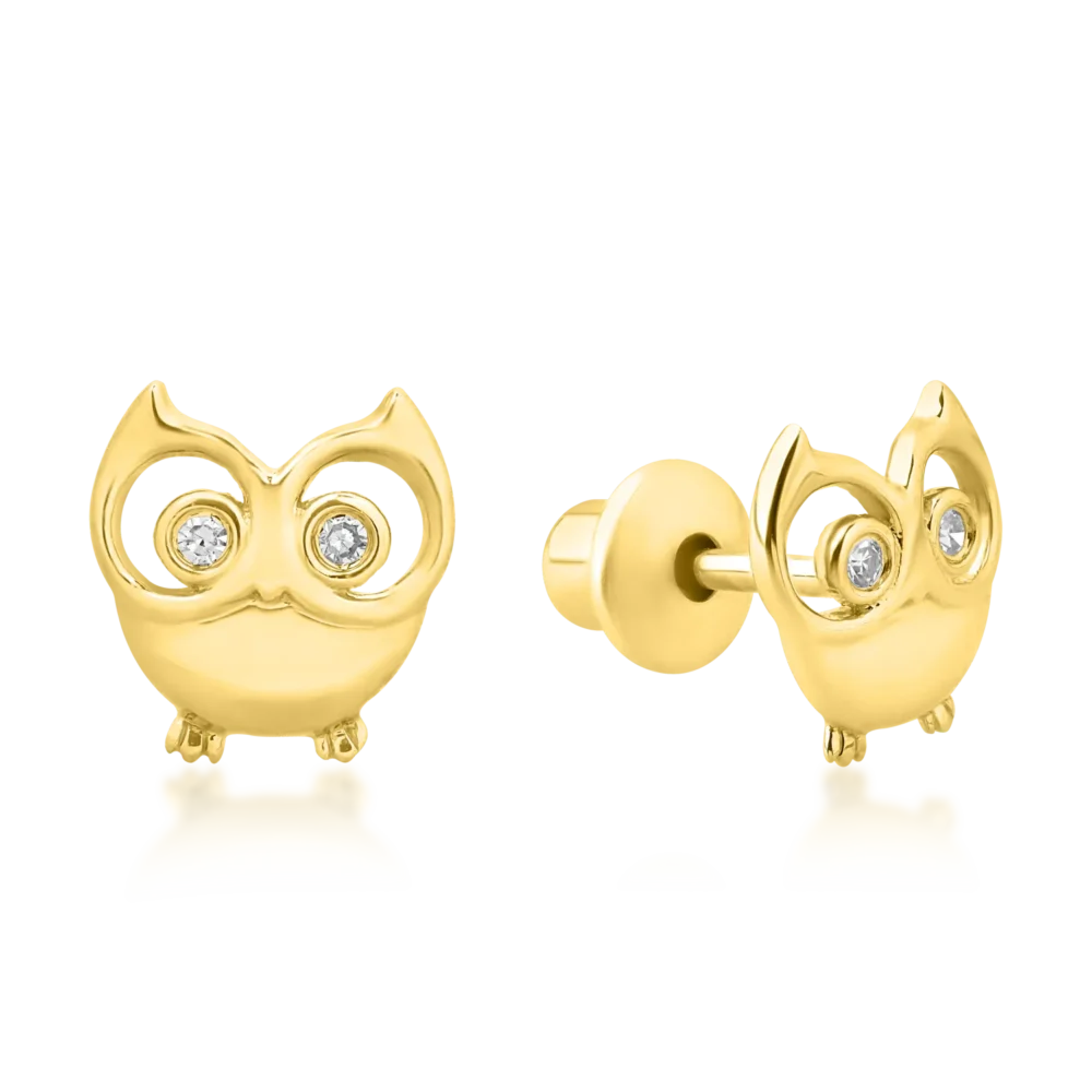 Cercei bufnite pentru copii din aur galben cu diamante de 0.015ct