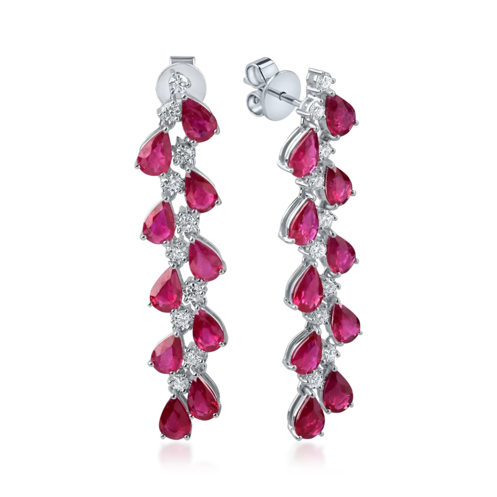 Cercei candelabru din aur alb cu rubine pear de 7.4ct si diamante round de 0.9ct