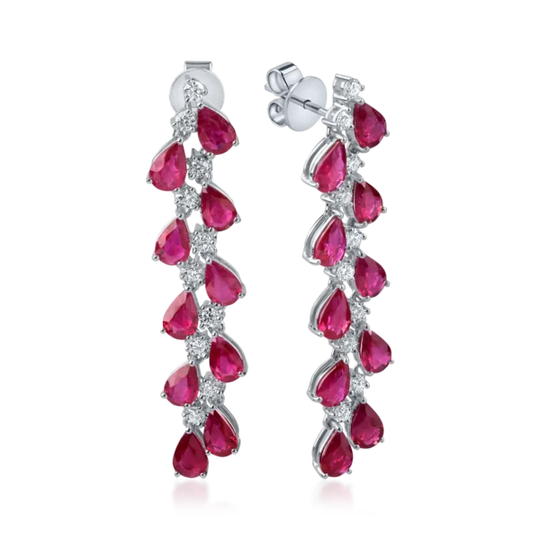 Cercei candelabru din aur alb cu rubine pear de 7.4ct si diamante round de 0.9ct
