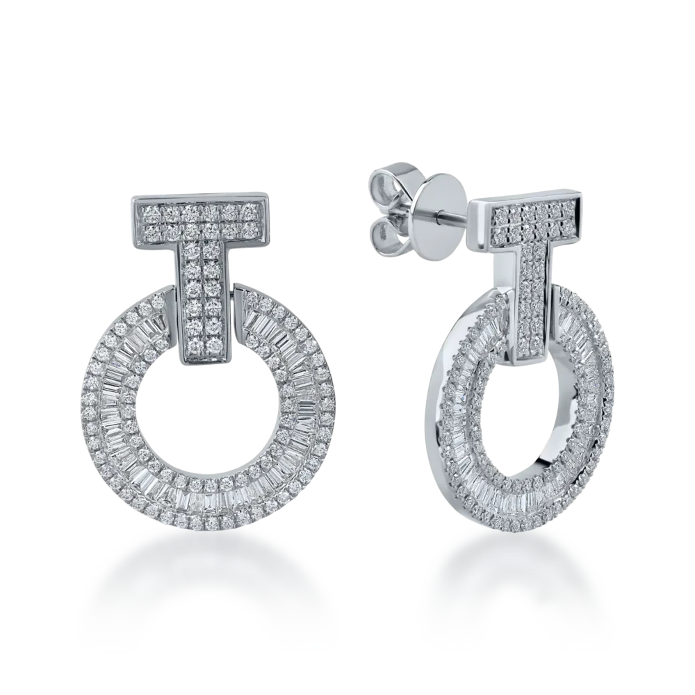 Cercei cerc din aur alb cu diamante baguette si rotunde de 1.2ct