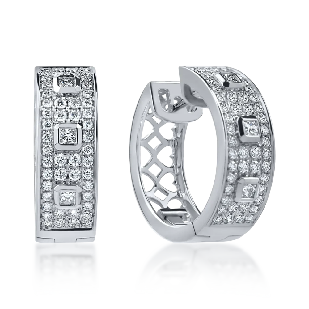 Cercei creole din aur alb cu diamante princess si rotunde de 1ct