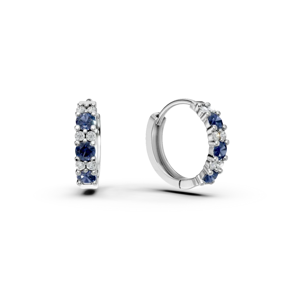 Cercei creole din aur alb cu safire de 0.4ct si diamante de 0.09ct