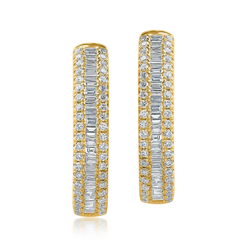 Cercei creole din aur galben cu diamante baguette si rotunde de 0.6ct - imagine 2